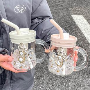 大容量女生随手咖啡吸管杯高颜值办公玻璃喝水杯家用茶隔把手杯子