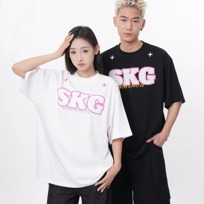 SKG 蕾丝字母刺绣重磅短袖t恤男女夏季美式复古小众设计感上衣潮