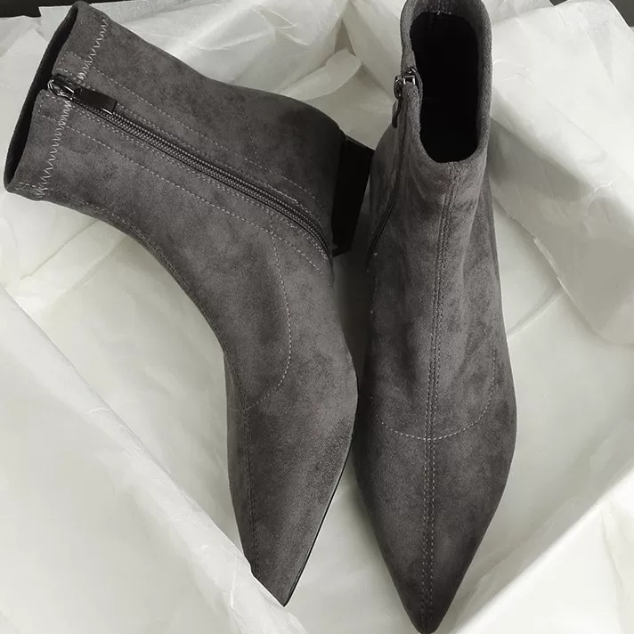 灰色尖头弹力靴袜靴绒面粗跟瘦瘦靴低跟平底短靴女春秋及裸靴,女鞋,时装靴,淘宝优惠券,粉丝福利购,淘宝优惠卷
