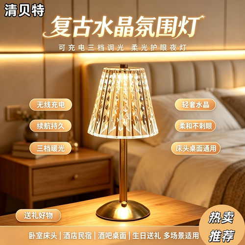 轻奢复古水晶氛围小夜灯充电款