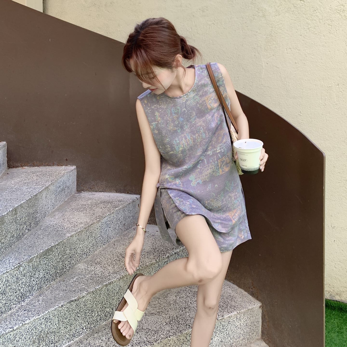 紫色复古气质印花盘扣无袖背心套装女2025夏季新款休闲短裤两件套，女装套装/套裙，浙宝203