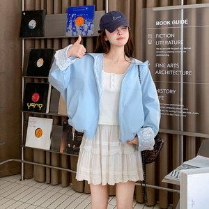 连帽女蕾丝长袖秋季拼接短外套防晒服春夏夏季薄款长袖短款时尚，女装短外套，浙宝203