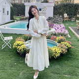 春秋A字裙复古宽松法式连衣裙白色气质高腰百褶女装蕾丝气质白色，女装套装/套裙，浙宝203