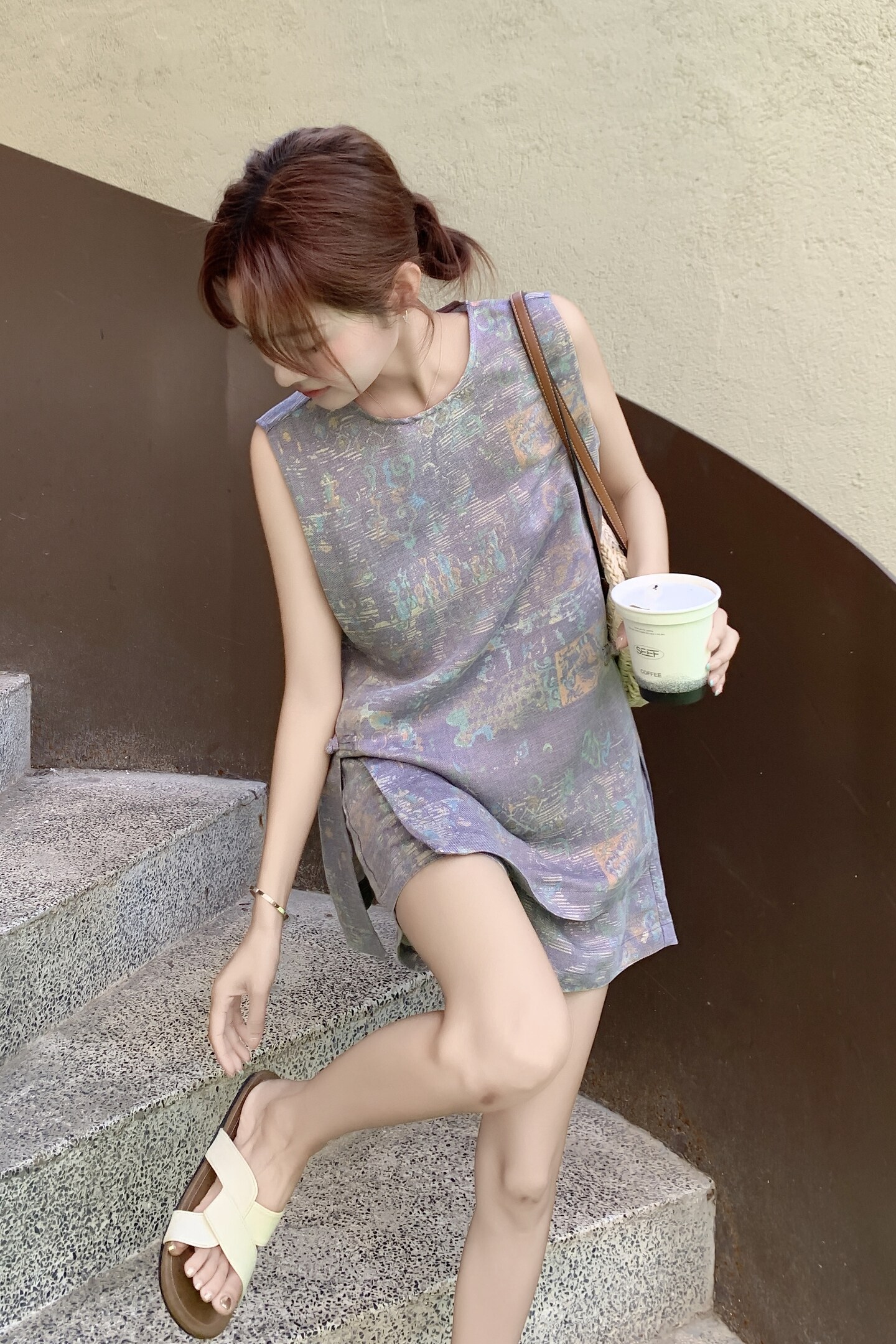 紫色复古气质印花盘扣无袖背心套装女2025夏季新款休闲短裤两件套,女装套装/套裙,浙宝203