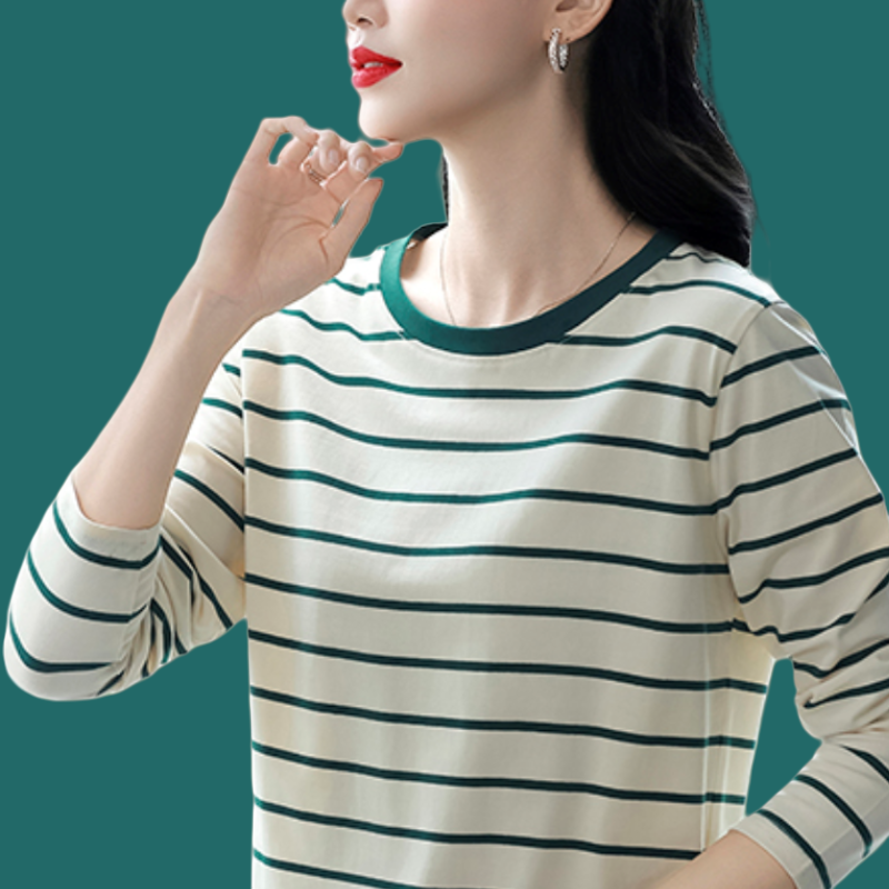 早秋新款纯棉t恤女长袖中年妈妈大码条纹宽松上衣打底衫秋衣外穿