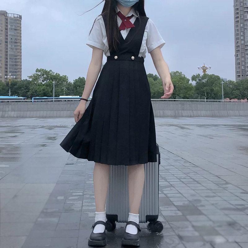 浓绀色护奶裙JK制服长裙百褶裙黑色学生背心背带连衣裙班服清新