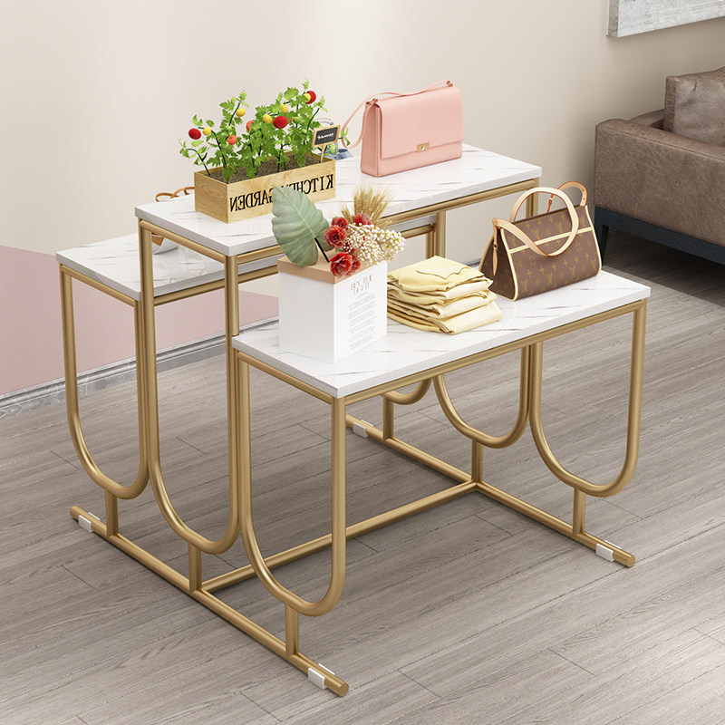 商场高中低三层置物架鞋店包包流水台服装店中岛轻奢铁艺展示架