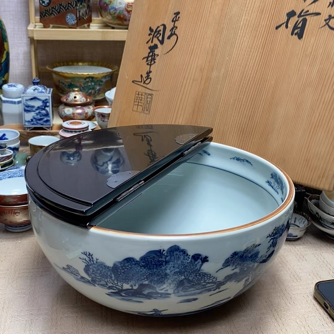 古清水 平安洞華 手绘青花山水 大盆 实木盖子