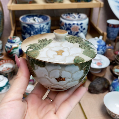 老九谷 名家 手绘 牡丹花纹 高杯