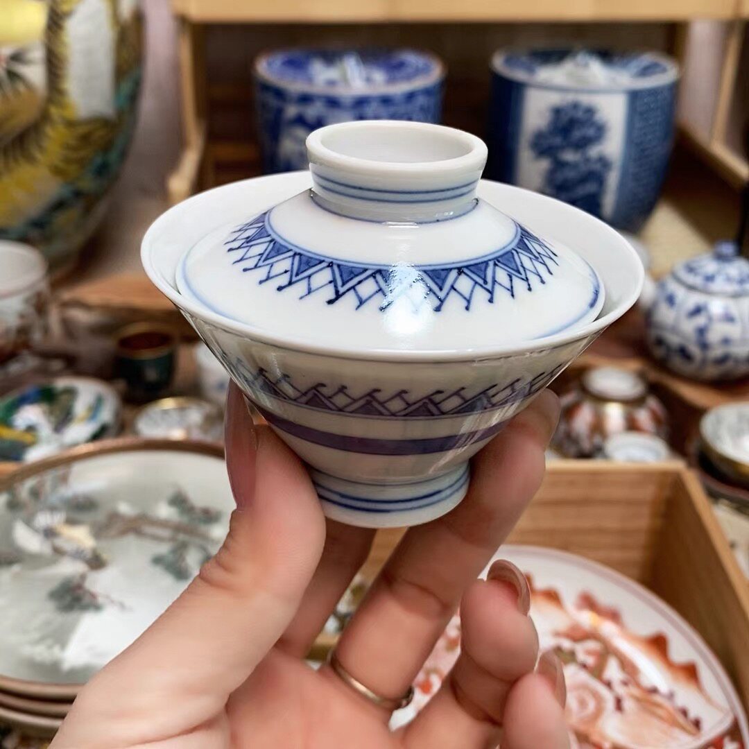 古清水烧 平安春峰 手绘青花 玉露小盖碗