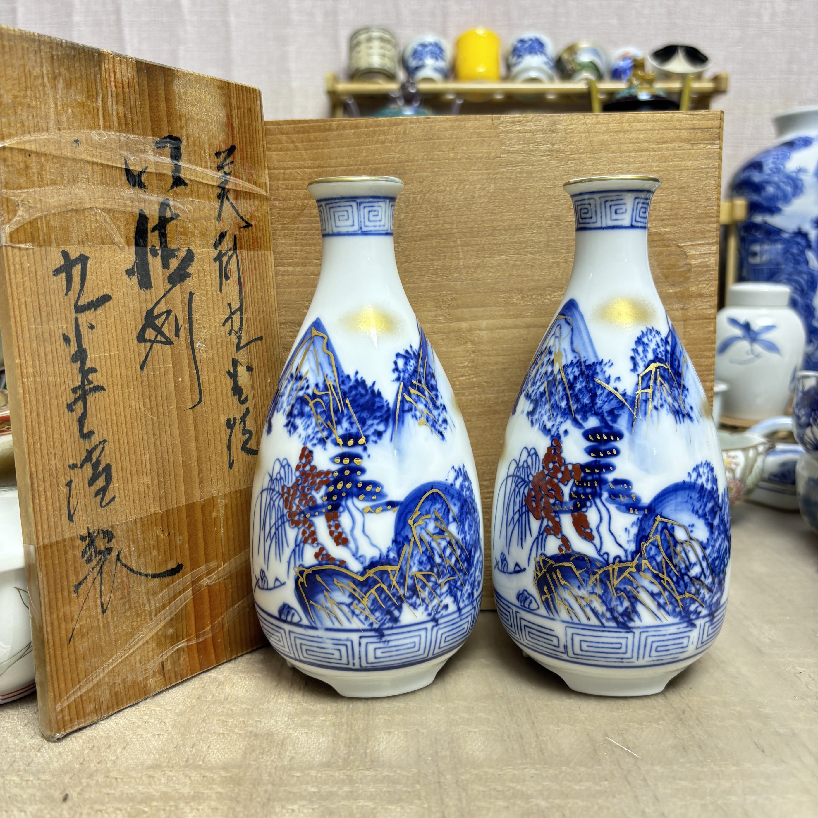 老九谷秋峰名家手绘老青花德利壶