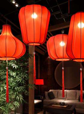 新中式弹力布艺红色创意吊灯餐厅火锅店婚礼走廊装饰灯笼异形制作