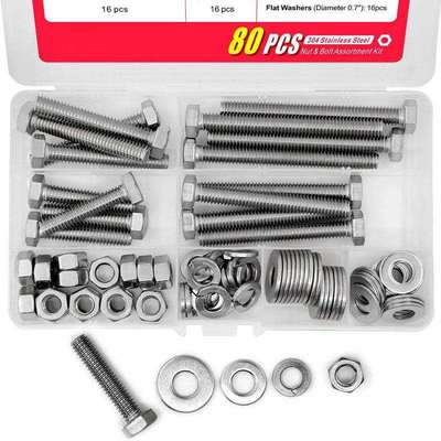 80pcs美制外六角螺栓盒装304不锈钢5/16-18螺丝配平弹垫螺母套装