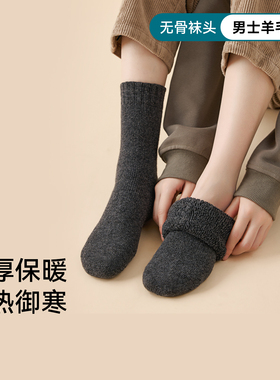 三朵棉加厚羊毛袜男秋冬款冬季保暖袜加绒黑无骨毛圈中筒袜厚袜子