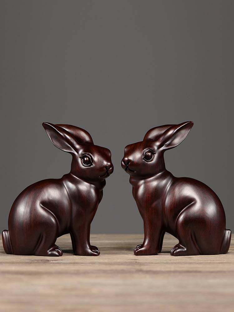 黑檀实木雕刻兔子摆件手把件木头十二生肖木兔家居装饰红木工艺品