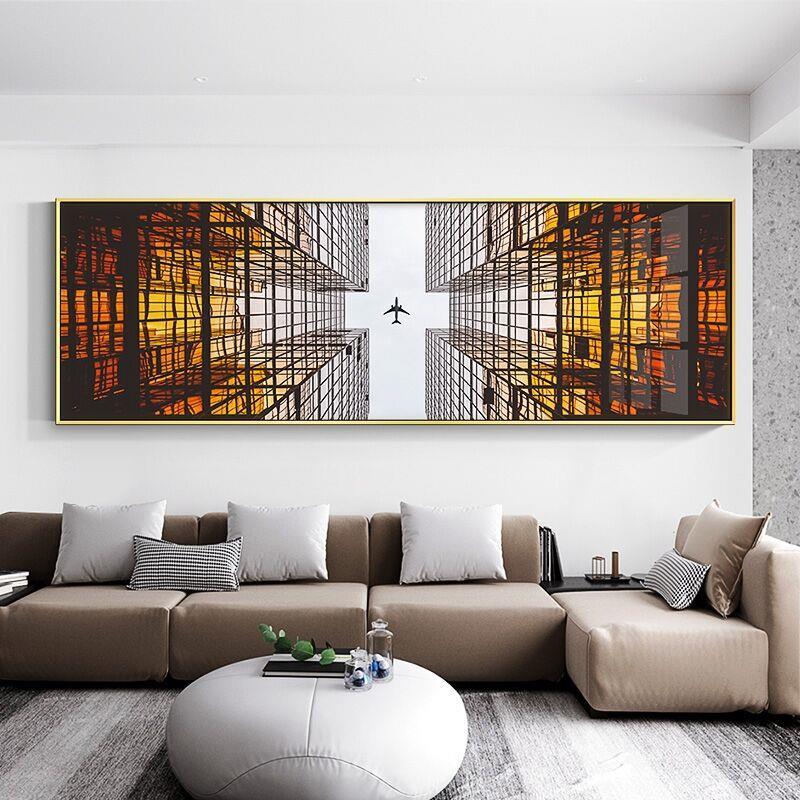 新品工业风客厅装饰画黑白沙发背景墙挂画横版建筑大气画横幅墙面图片