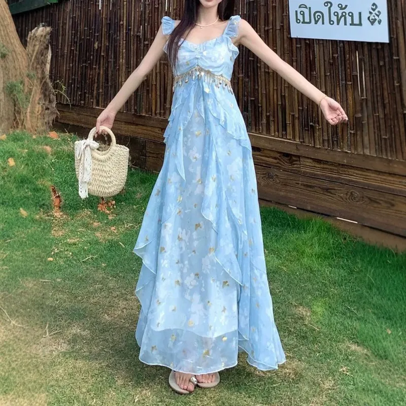 法式茶歇蓝色吊带裙女夏季旅游海边度假沙滩甜美日落大码连衣裙子