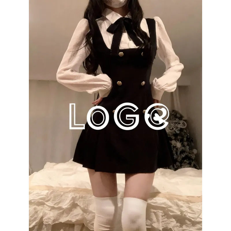 秋季新款女富家千金收腰显瘦学院法式背带假两件连衣裙子女