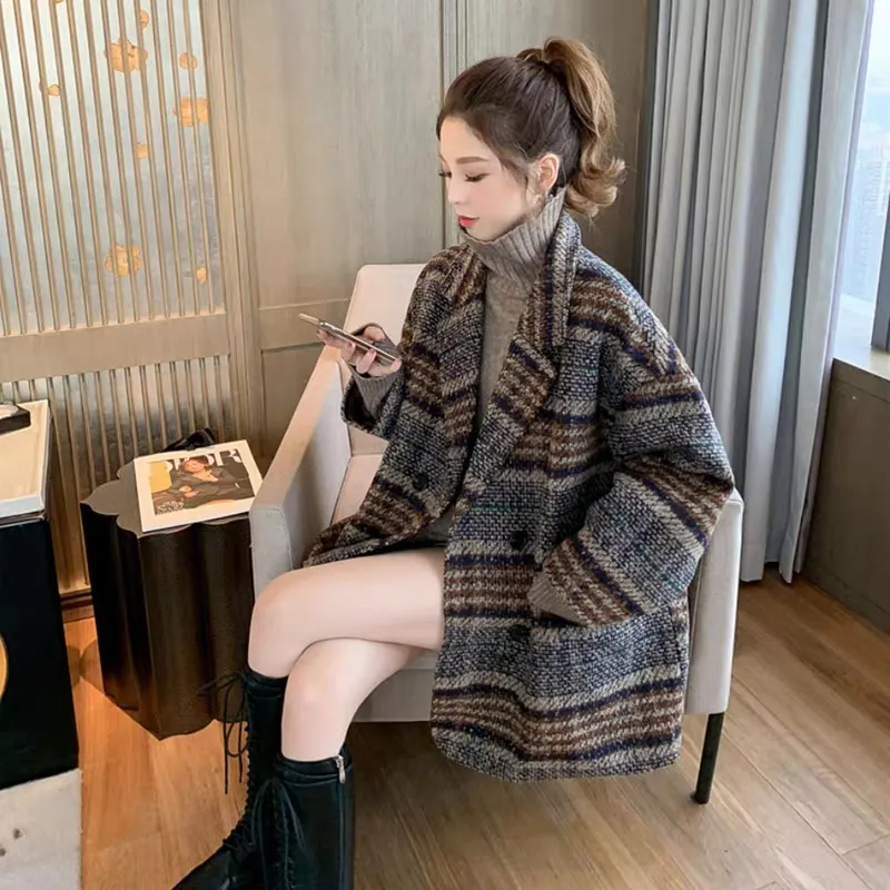 咖色西装外套女 秋冬新款流行小个子格子粗花呢中长款毛呢大衣