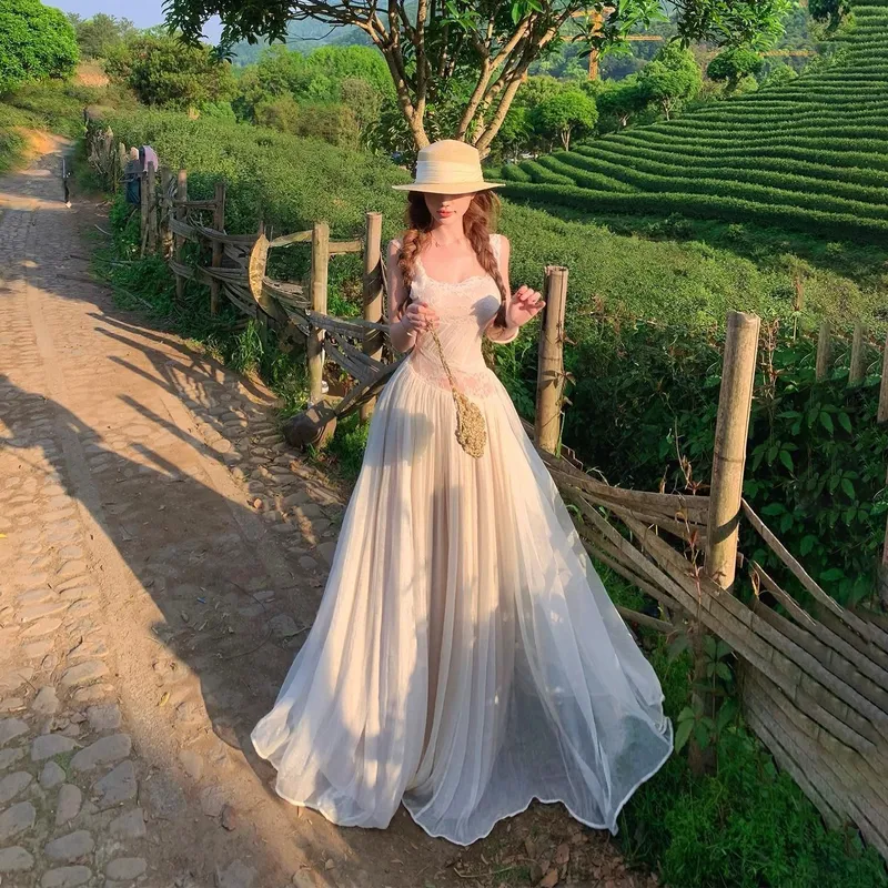 绝美拼接大露背绑带蕾丝吊带连衣裙纯欲度假优雅仙气显瘦长裙女夏