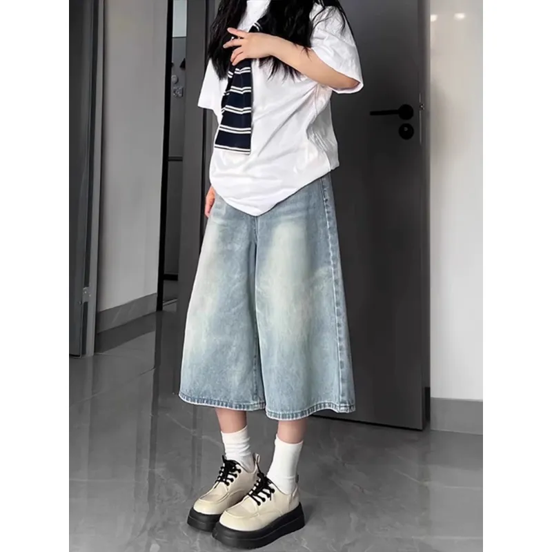 蓝色七分牛仔短裤女夏季薄款胖妹妹mm高腰遮肚显瘦梨型身材阔腿裤