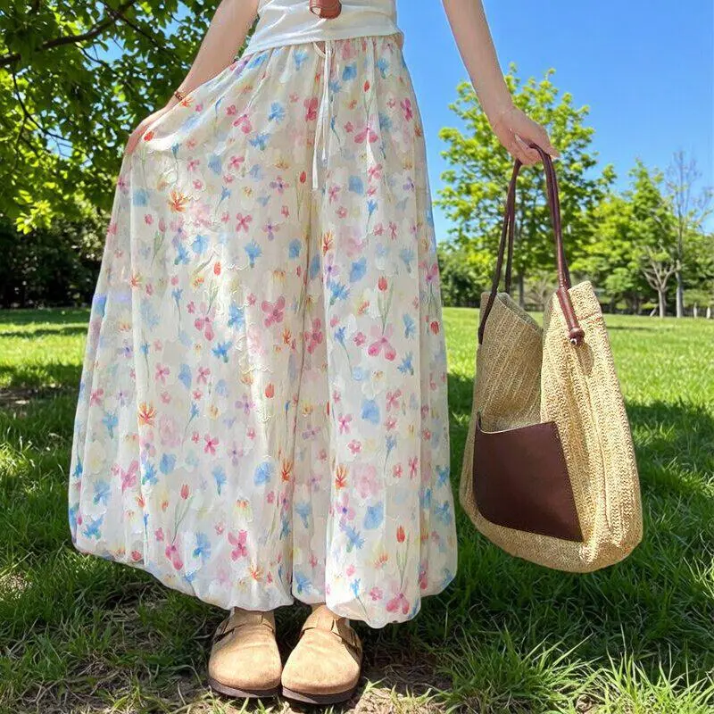 白色碎花冰丝花苞裙裤女夏季薄款宽松显瘦小个子垂坠感灯笼阔腿裤图片