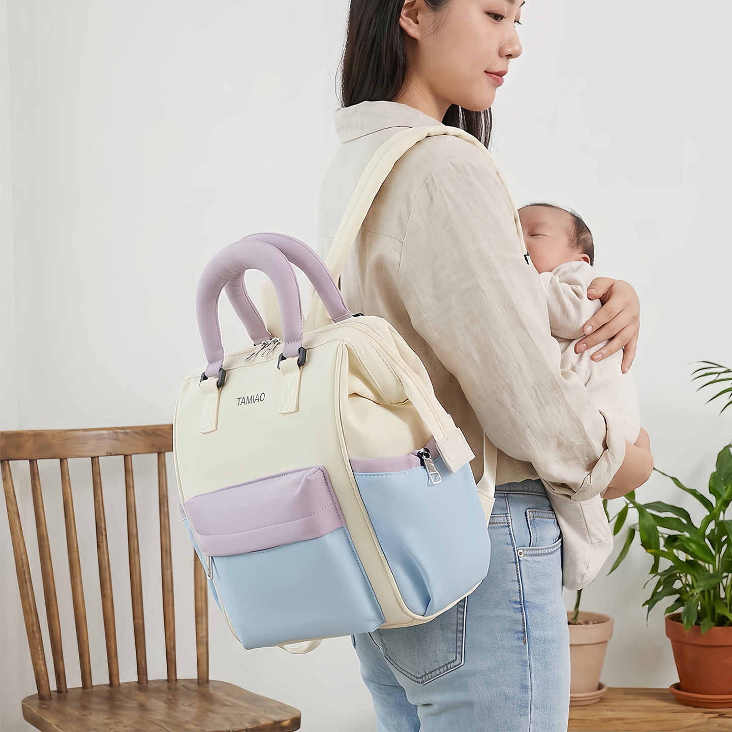 撞色多功能妈咪包母婴外出轻便手提双肩包大容量休闲包高颜值包包