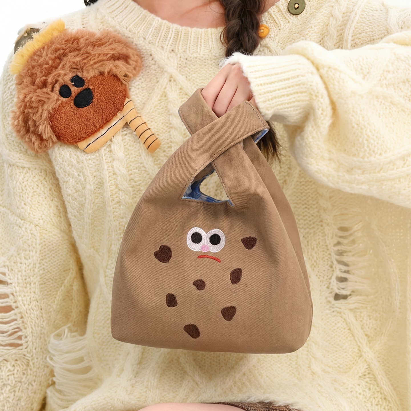 可爱卡通手拿包撞色百搭通勤包包慵懒风便携手提包小众设计帆布包