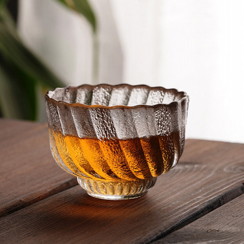 品茗杯玻璃小茶杯功夫茶具套装家用耐热透明描金斗笠杯锤纹玻璃杯