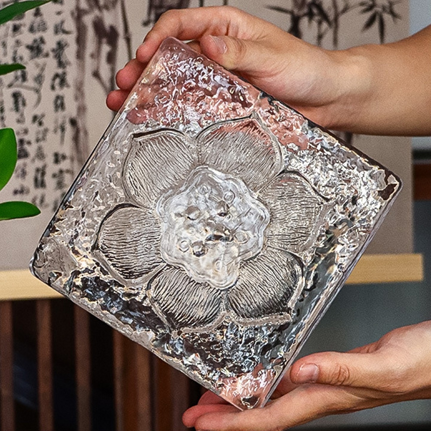 中式莲花冷月加厚玻璃壶承磨砂防烫隔热茶道干泡台家用茶室养壶盘