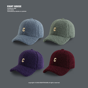 EIGHTHOUSE字母C素色羊羔毛鸭舌帽男女秋冬棒球帽毛绒显脸小韩版