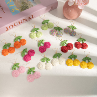 波西米亚风手工编织樱桃水果耳环沙滩度假个性 2025春季 甜美耳饰女