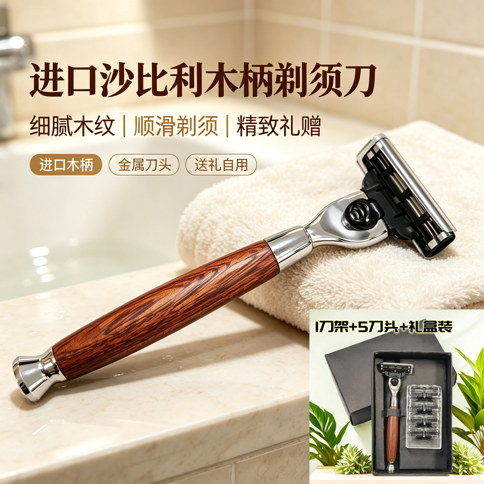 男士/女士须刨除毛器手动剃须刀刮胡刀舒适沙比梨木柄三层刮胡刀