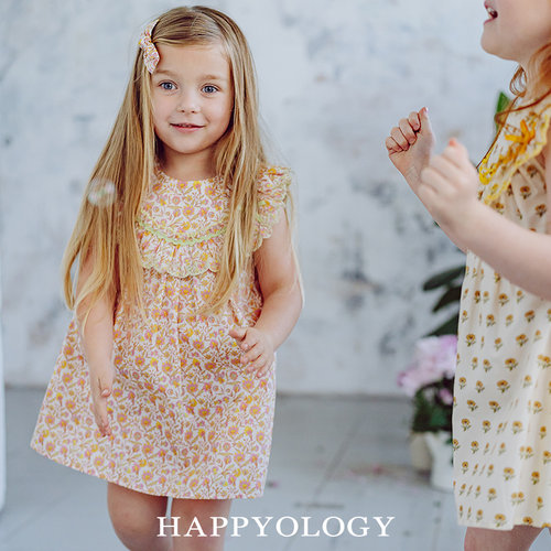 Happyology英国儿童春夏装撞色花边连身裙女童裙子绣花无袖连衣裙