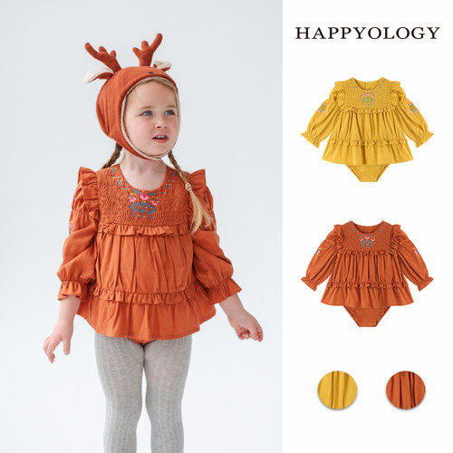 Happyology英国绣花连体衣童装小飞袖连身衣长袖司马克打缆爬服