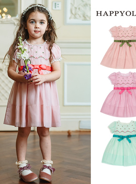 Happyology英国儿童春夏装绣花撞色裙子女童新品蝴蝶结短袖连衣裙