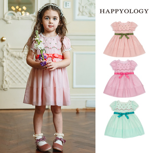 Happyology英国儿童春夏装绣花撞色裙子女童新品蝴蝶结短袖连衣裙