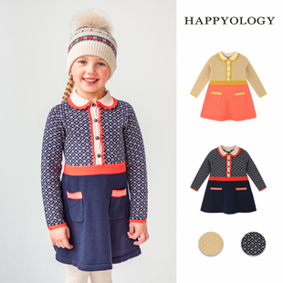 Happyology英国女童长袖连衣裙针织裙子英伦秋冬款儿童纯棉毛衣裙