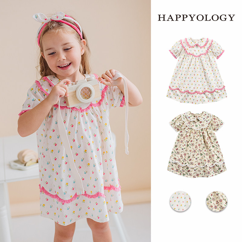 Happyology英国女童夏款撞色刺绣花边领连衣裙女儿童碎花裙子