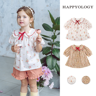 Happyology英国儿童翻领女童春夏荷叶边蝴蝶结上衣新品碎花衬衫