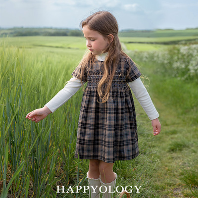 Happyology英国儿童圆领撞色刺绣女童休闲英伦风司马克工艺连衣裙