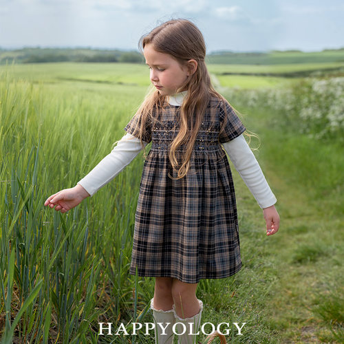 Happyology英国儿童圆领撞色刺绣女童休闲英伦风司马克工艺连衣裙