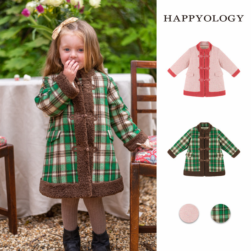 Happyology英国女童毛呢大衣秋冬毛呢外套儿童新年装英伦风呢大衣