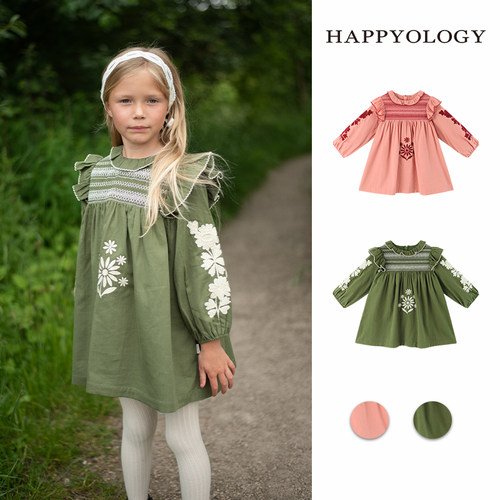 Happyology英国女童长袖连衣裙刺绣童装长袖裙子司马克儿童连身裙