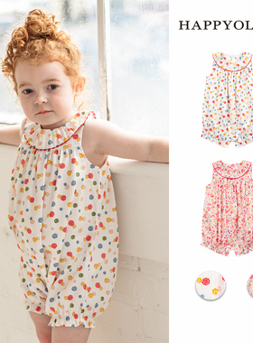 Happyology英国宝宝夏款无袖印花连体衣婴幼儿纯棉撞色波浪边哈衣