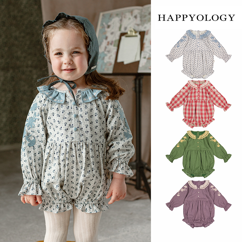 Happyology英国儿童连体衣绣花长袖亚麻秋季爬服婴儿哈衣宝宝衣服