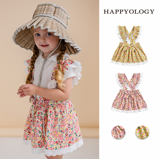 happyology英国女童夏季碎花休闲纯棉新款背带裙甜美洋气大蝴蝶结