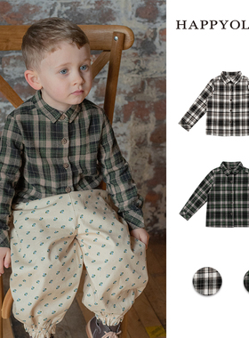Happyology英国男童新品长袖格纹翻领女童衬衣春秋装童装儿童衬衫