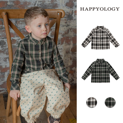 Happyology英国男童新品长袖格纹翻领女童衬衣春秋装童装儿童衬衫