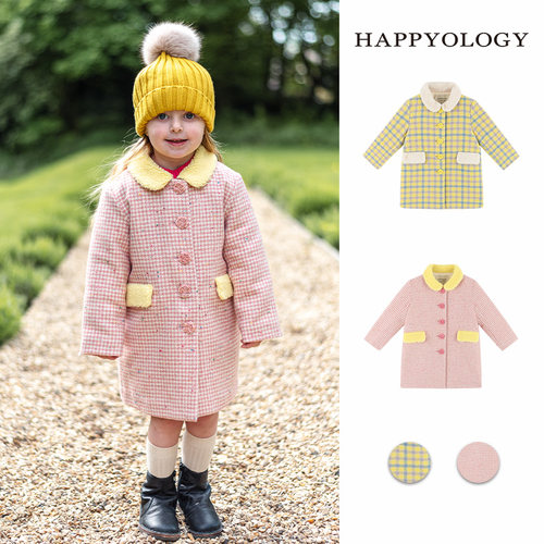 Happyology英国女童格纹呢大衣儿童英伦秋冬新品宝宝洋气毛呢外套